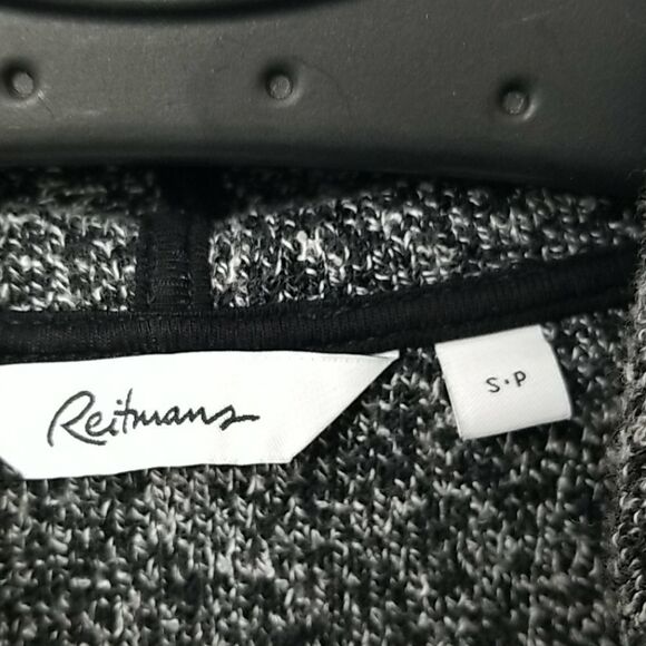 Reitmans Cardigan Womens Small Open Front Side Pockets Hood Black Grey Long - Picture 2 of 13